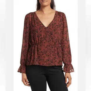 Nordstrom - V-Neck Long Sleeve Floral Brown Blouse