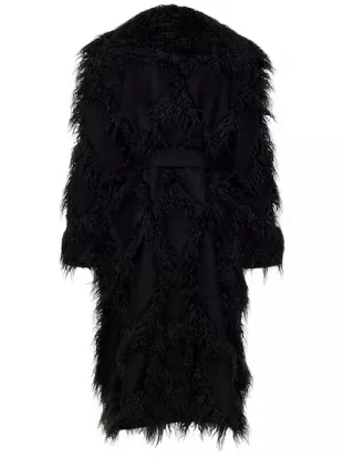 Belted Mongolian Fur Wool Blend Coat