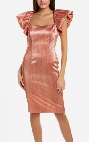 Queen Metallic Puff Sleeve Cocktail Dress in Orange