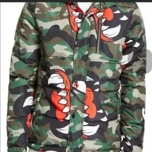 Reason Clothing - Men’s Camouflage Puffer Jacket With Crazy Eyes And Fangs