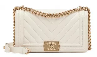 Cream White Chevron Quilted Caviar Old Medium Boy Bag Light Gold Hardware,