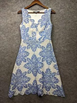 Eva Franco Dress Womens 4 Blue Ivory Floral Lace Eyelet Scalloped A-Line worn by Kathryn Dunn (Alysia Reiner) as seen in Shining Vale (S02E04) | Spotern Eva Franco Dress Womens 4 Blue Ivory Floral Lace Eyelet Scalloped A-Line worn by Kathryn Dunn (Alysia Reiner) as seen in Shining Vale (S02E04) | Spotern