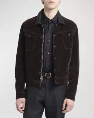 Flocked Denim Western Jacket with Leather Collar