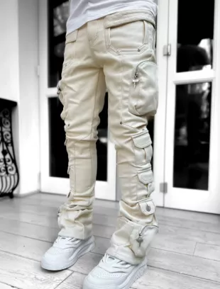 guapi - Cream Leather Stacked Cargo Pants