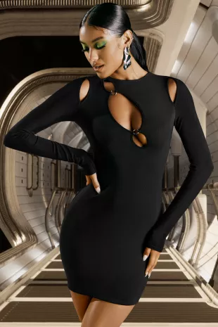 V Legend Party: Ribbed Twist Cutout Long Sleeve Dress