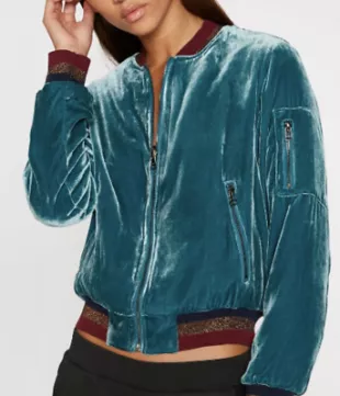 Womens Reversible Leopard Crushed Teal Velvet Zip Bomber Jacket