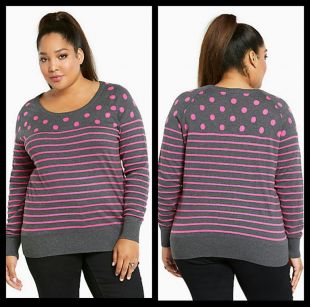 nwt - NWT Torrid Plus Size 2X Gray/Hot Pink Polka Dot Striped Sweater  (AAA35)