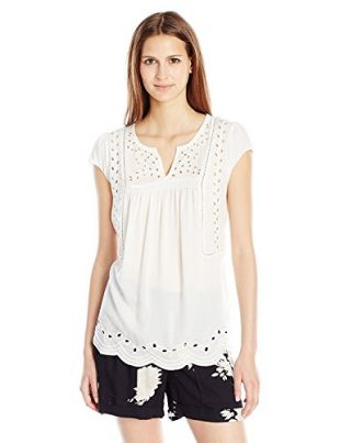 Lucky Brand Women's Cutout Embroidered Top, Lucky White, Large