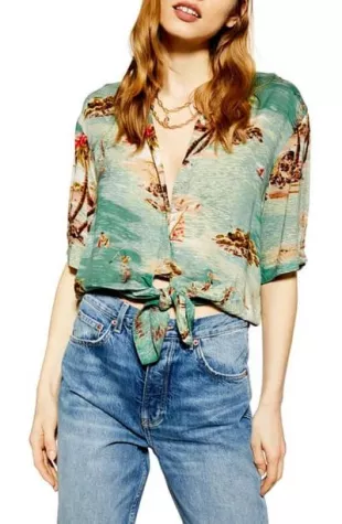 Surf Print Tie Front Shirt In Sea Green Multi