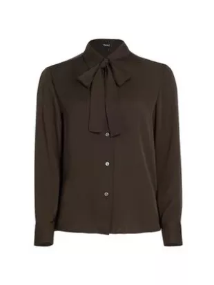 Scarf-Neck Silk Button-Front Shirt