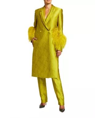 Feather-Trimmed Snakeskin Print Coat