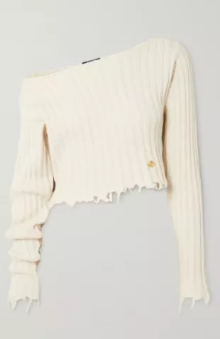 Off-The-Shoulder Distressed Ribbed Cotton-Blend Sweater