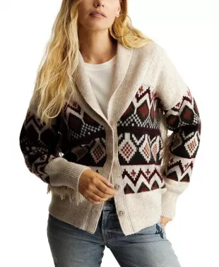 Fringe-Sleeve Snap-Front Shawl Cardigan Sweater