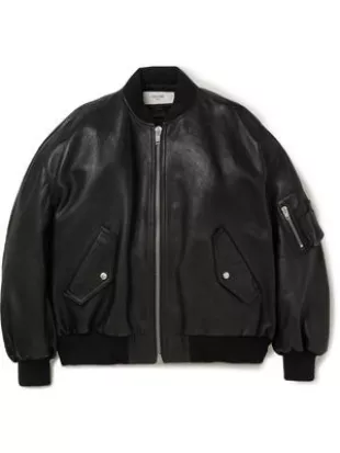 Studded Logo-Print Leather Bomber Jacket