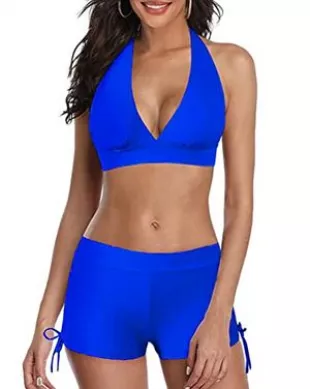 Femme Bikini Set Deux Pièces Bikini Push Up Maillots De Bain Beachwear Swimwear Plage Ensemble avec Short Grande Taille X3 Bleu XS