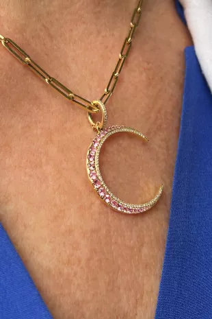 Yellow Gold Pink Sapphire Diamond Lunar Charm Pendant with Diamond Clip on Enhancer Bail