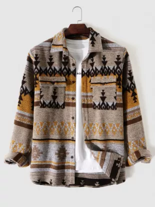 Tribal Geometric Ethnic Aztec Printed Blend Wool Shirt Jacket