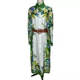 NWT M L Tropical Shirt Dress with Faux Leather Belt Gold Buttons