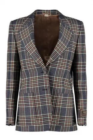 Linen And Silk Blend Checked Blazer In Blue