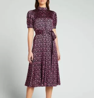 Neoma Puff Sleeve Godet Belted Satin Midi Dress