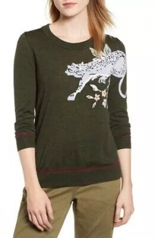Dark Moss Merino Wool Intarsia Cheetah Tippi Sweater