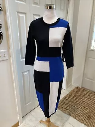 Blue Black White Colorblock Sweater Dress