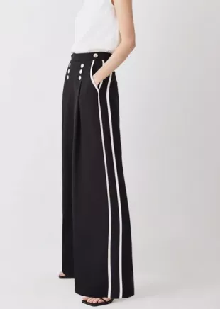 Soft Tailored Pipe Detail Wide Leg Pants