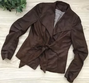 Faux Leather Draped Open Front Tie Waist Jacket