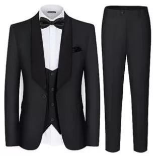 Men's 3 Piece Suit Shawl Collar Slim Fit Elegant Tuxedo Solid One Button Wedding Party Blazer Vest Pants Set Black
