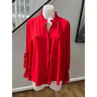 Ruffled Detail Button Down Red Long Sleeve Blouse