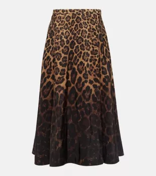 Leopard-Print Silk Midi Skirt