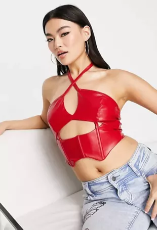 Cut Out Halter Corset Top in Red