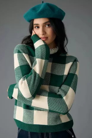 Plaid Ruffle-Collar Pullover Sweater
