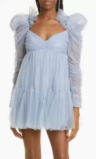 Ruched Long Sleeve Tulle Babydoll Dress
