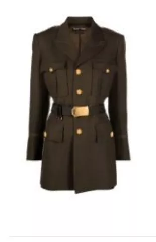 Single-breasted Belted Wool-blend Jacket in Khaki