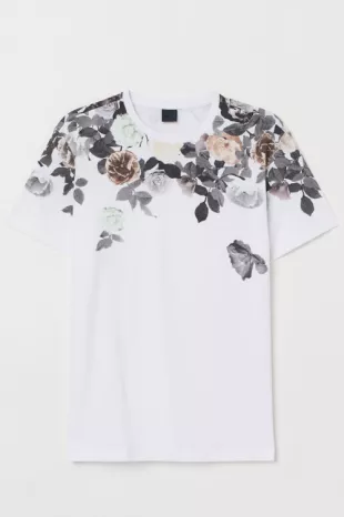 White T Shirt with White Roses Impression