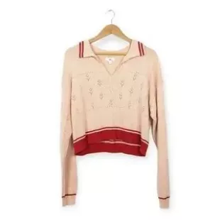 Pink Pointelle Contrast Trim Cotton Polo Sweater