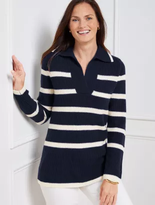 Cashmere Johnny Collar Pullover in Placed Stripe