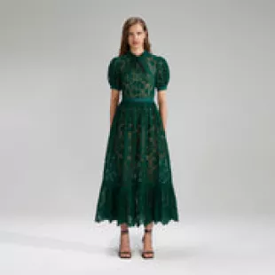 Self-Portrait - Green Guipure Lace Midi Dress