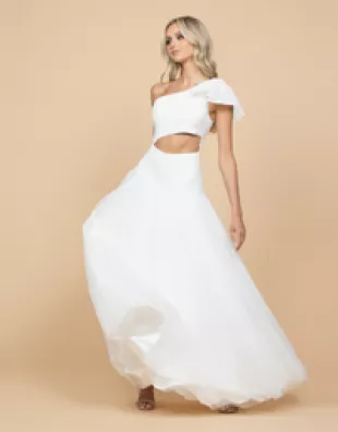 open lace back dress Six Stories Bridesmaid Satin One-Shoulder Bias Maxi Dress in Black main image 0