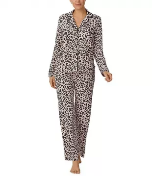 Brushed Sweater Knit Sketch Leopard Long Sleeve Notch Collar Pajama Set