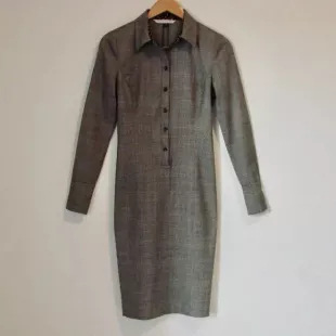 DVF Gray Plaid Shirt Dress Wool Blend