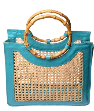 Bamboo Handle Rattan Bag Turquoise