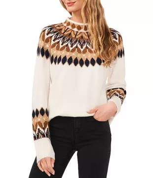 cece - Funnel Neck Fair Isle Print Sweater