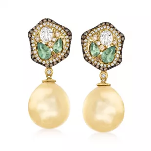 13-14mm Golden Cultured South Sea Pearl Drop Earrings with 2.50 ct. t.w. Multicolored Sapphires and .61 ct. t.w. Diamonds in 18kt Yellow Gold