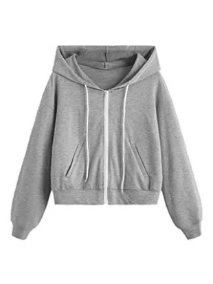 Women's Long Sleeve Zip Hoodie Pocketed Crop Sweatshirt Jacket Top Grey S
