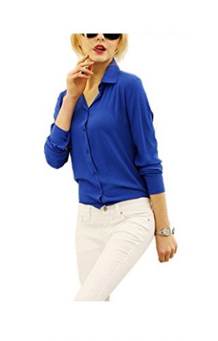 ARJOSA Women's Long Sleeve Button Down Shirt Casual Blouse Top (L, Blue)