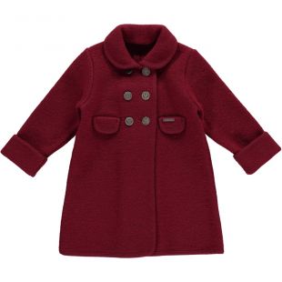 Classic boiled wool coat in lovely rich burgundy. Fitted shape and very warm. Casual and chic Light and easy to wear. Looks stunning with matching bonet. Made in Spain by Amaiakids