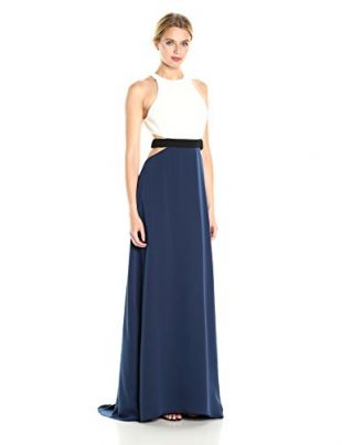 Halston Heritage Women's Sleeveless High Neck Color Blockd Gown with Cut Outs