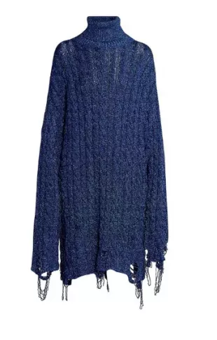 Lurex Cable Knit Destroyed Turtleneck Dress